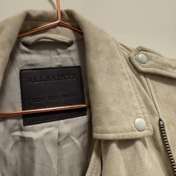 Allsaints Womens Suede Balfern Biker Jacket 2 Warm Taupe Quiet Luxury Western - Picture 7 of 11